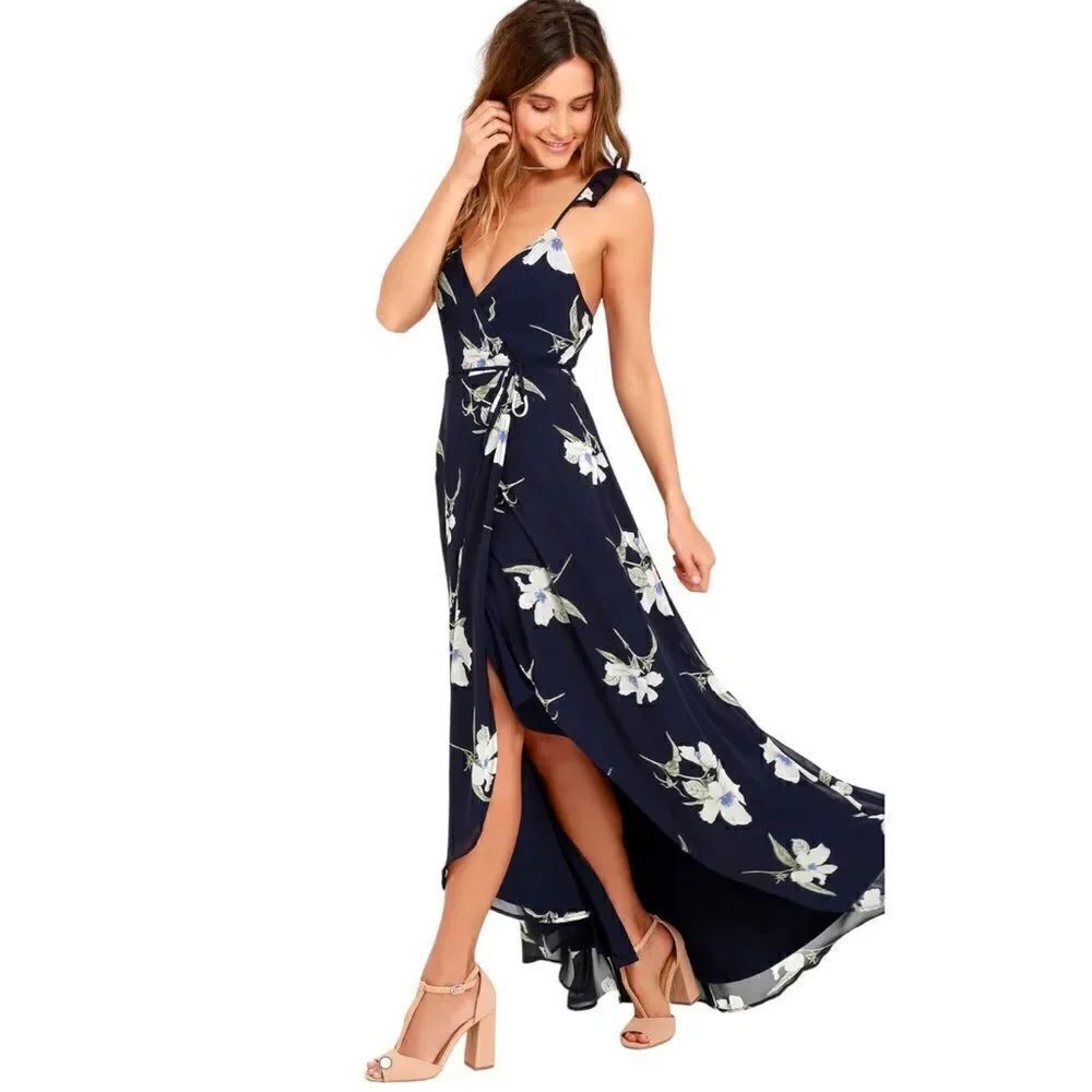 Lulu's All Mine Navy Blue Floral High Low Romantic Spring Wedding Guest Dress S